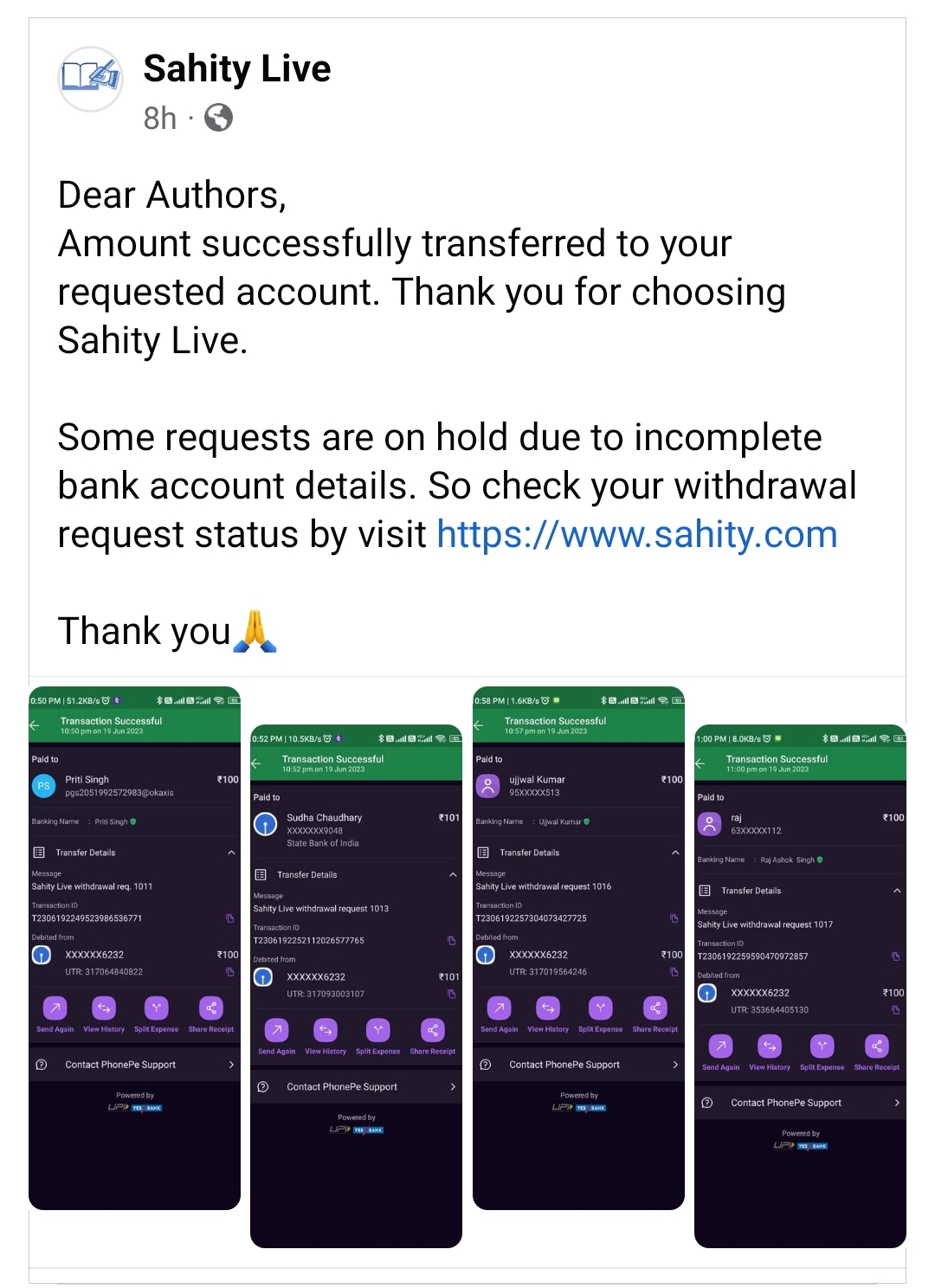 Sahity Live payment proof