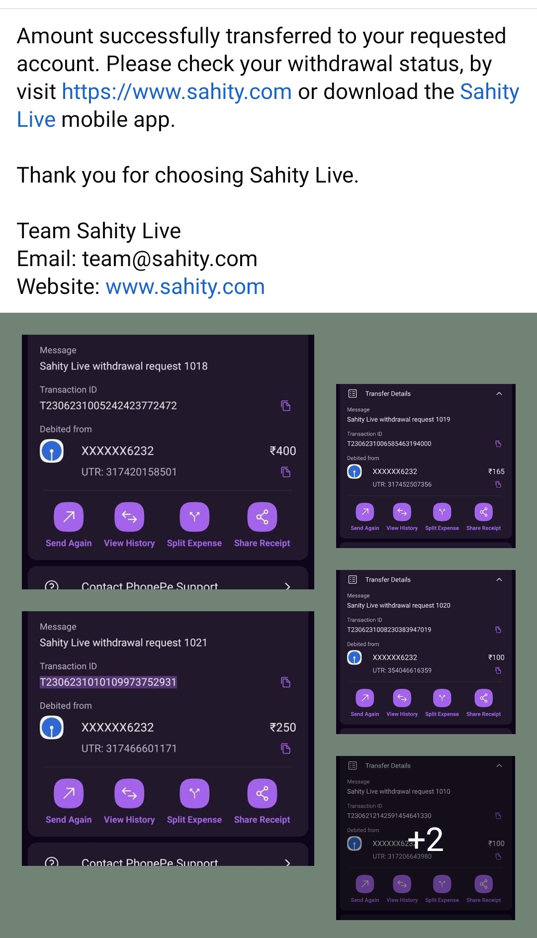 Sahity Live withdrawal request